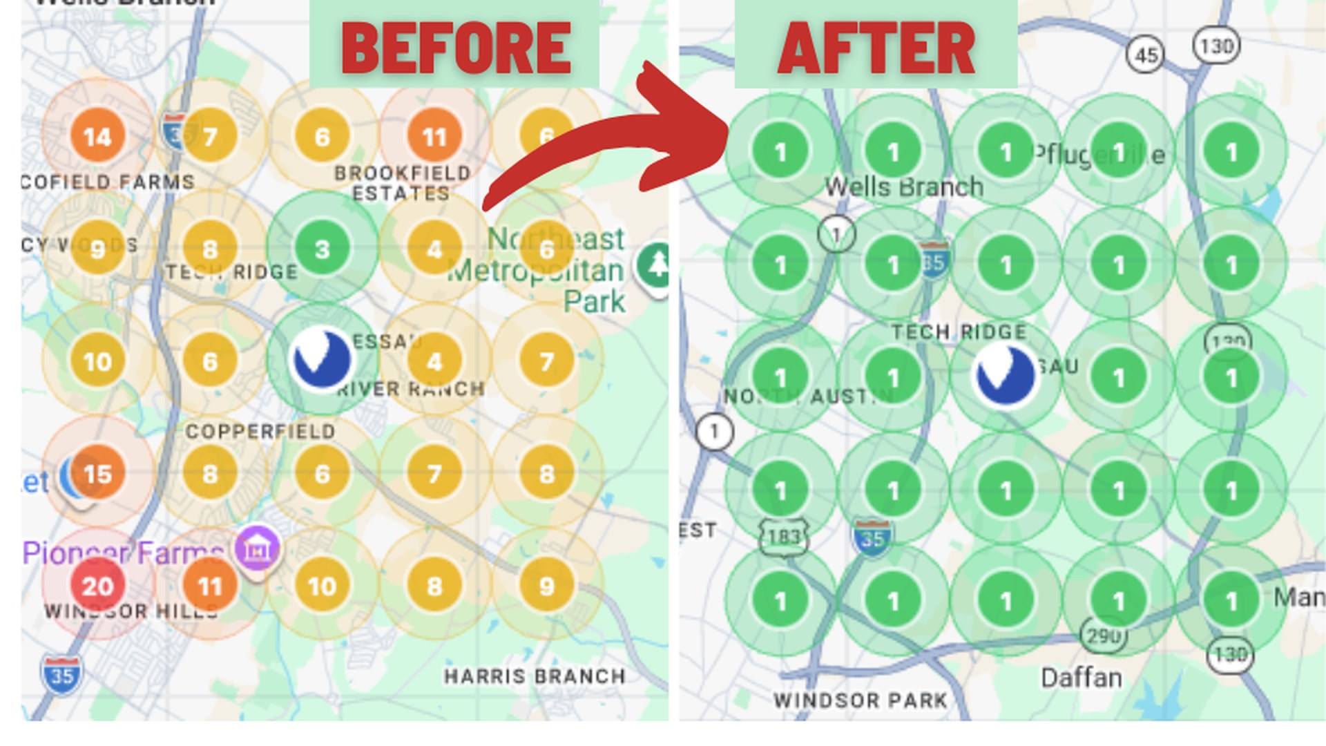 Two Google Maps grid scans side by side: before, showing orange and red rankings; after, showing all number one rankings
